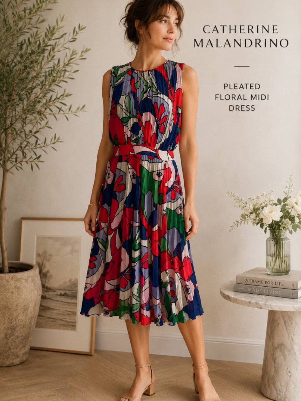 Catherine Malandrino Pleated Floral Midi Dress Size 10 Colorful Designer Career - Picture 1 of 10